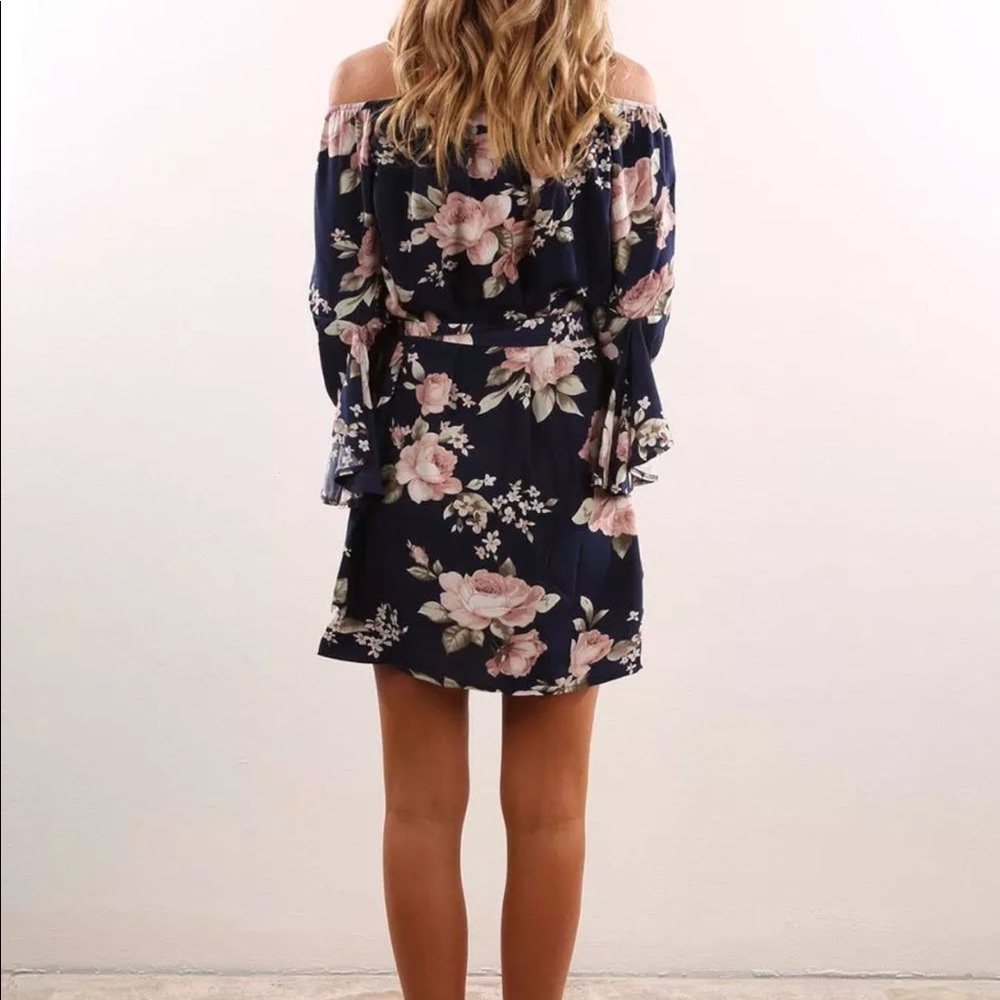 Blue Floral Off Shoulder Mini Dress, Bell Sleeves - Picture 2 of 2